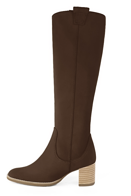 French elegance and refinement for these dark brown cowboy boots, 
                available in many subtle leather and colour combinations. Pretty boot adjustable to your measurements in height and width
Customizable or not, in your materials and colors.
Its side zip and her round cutout will leave you very comfortable.
Perfect on jeans, shorts or bohemian chic dress. 
                Made to measure. Especially suited to thin or thick calves.
                Matching clutches for parties, ceremonies and weddings.   
                You can customize these knee-high boots to perfectly match your tastes or needs, and have a unique model.  
                Choice of leathers, colours, knots and heels. 
                Wide range of materials and shades carefully chosen.  
                Rich collection of flat, low, mid and high heels.  
                Small and large shoe sizes - Florence KOOIJMAN
